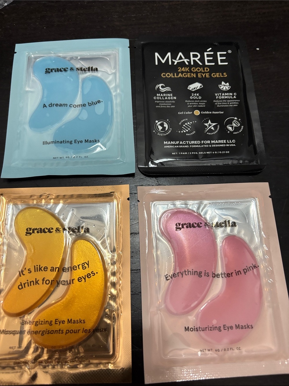 grace & stella Blue, Gold, Pink eye masks. Maree 24 carat college eye masks.